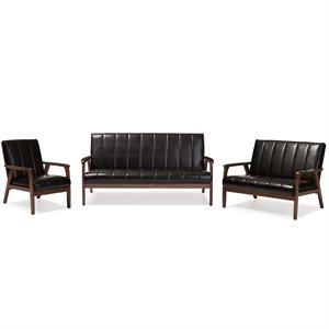 Allora 3 Piece Faux Leather Sofa Set in Brown and Walnut
