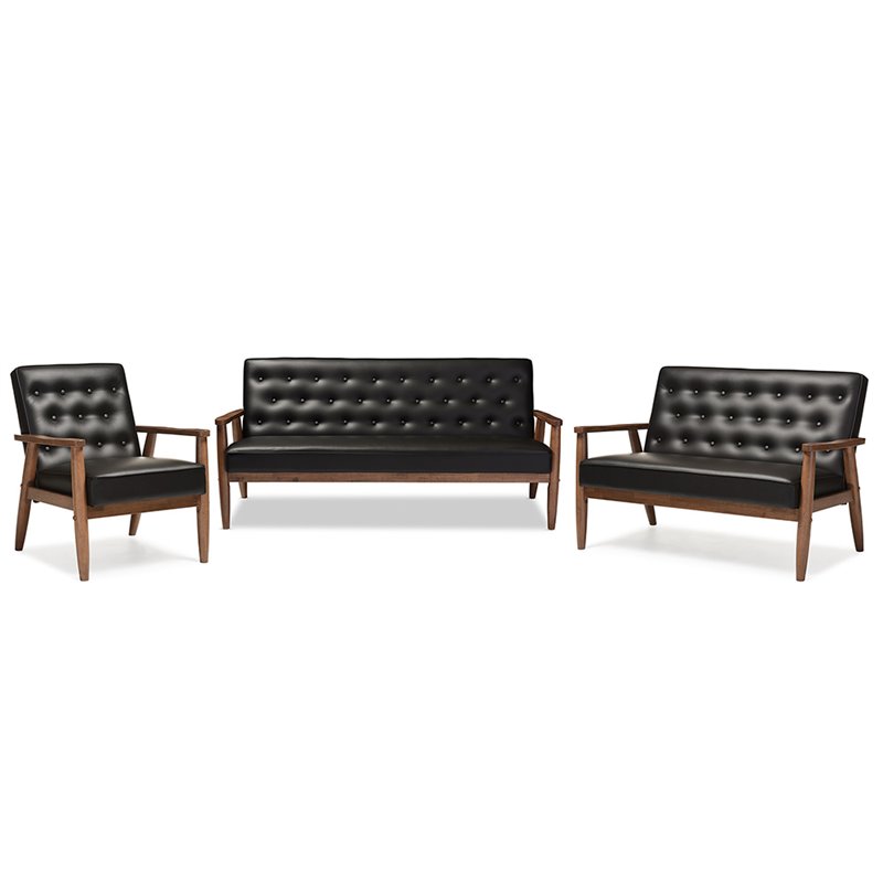 Allora 3 Piece Faux Leather Tufted Sofa Set in Black