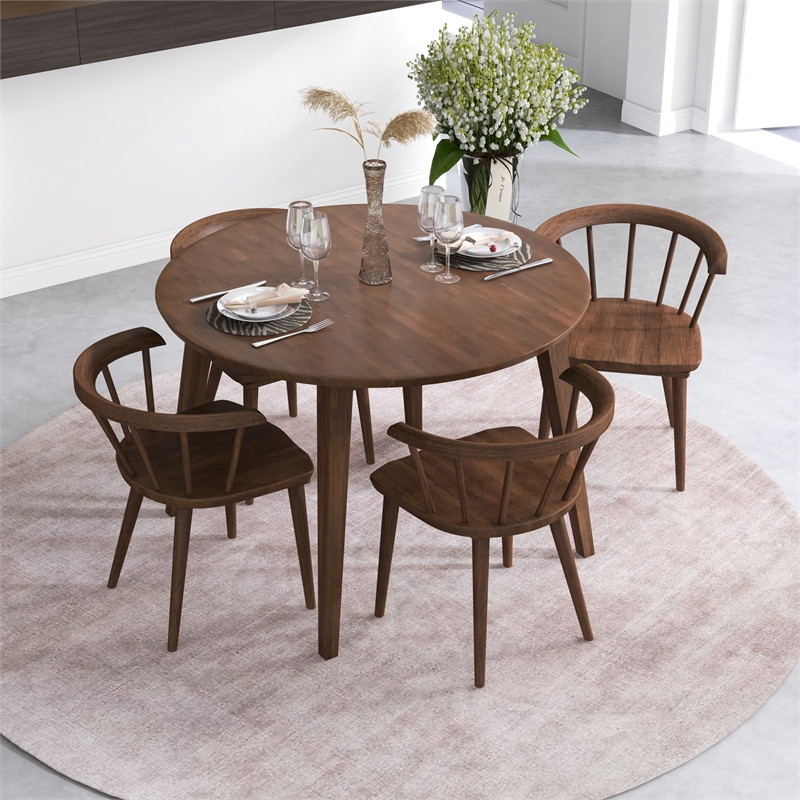 Allora Mid-Century Dining Set Solid Wood Table and Chairs in Brown