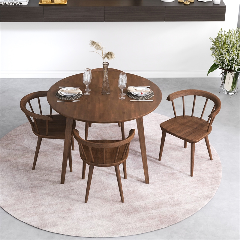 Allora Mid-Century Dining Set Solid Wood Table and Chairs in Brown