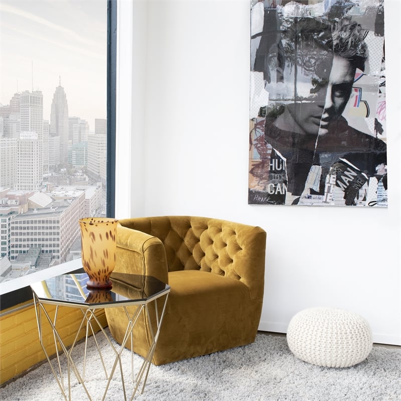 Allora Mid-Century Velvet Upholstered Tufted Back Swivel Chair in Gold Yellow