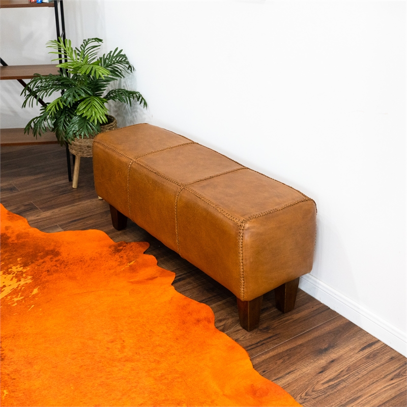 Allora Mid-Century Modern Genuine Leather Upholstered Bench in Tan