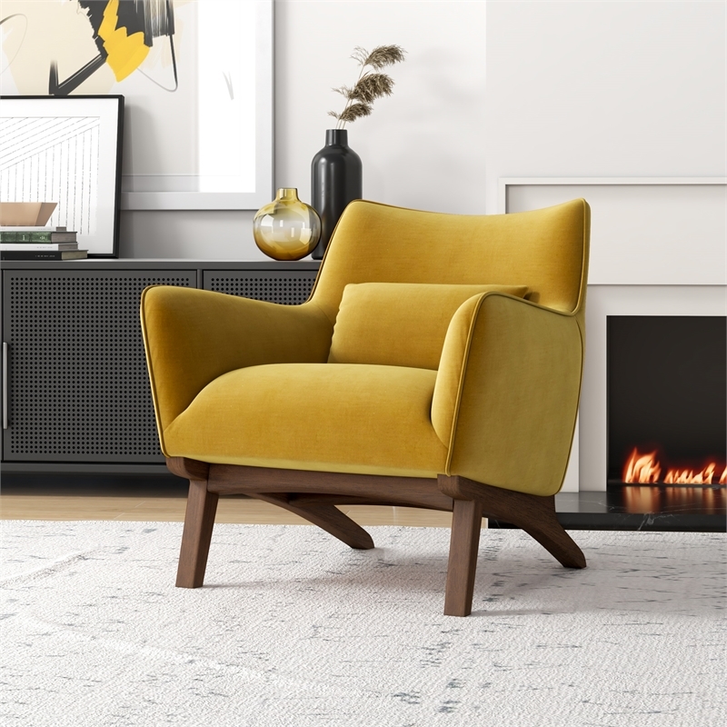 Allora Mid-Century Velvet Upholstered Tight Back Armchair in Yellow