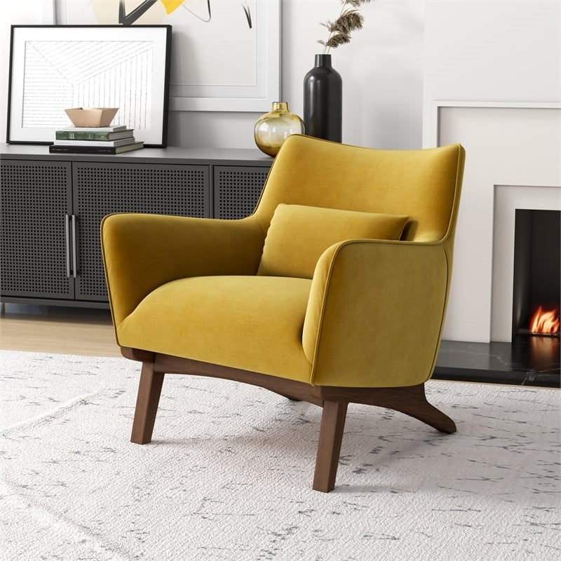 Allora Mid-Century Velvet Upholstered Tight Back Armchair in Yellow
