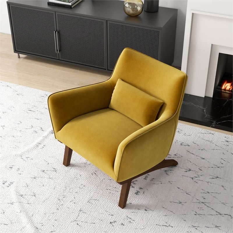 Allora Mid-Century Velvet Upholstered Tight Back Armchair in Yellow