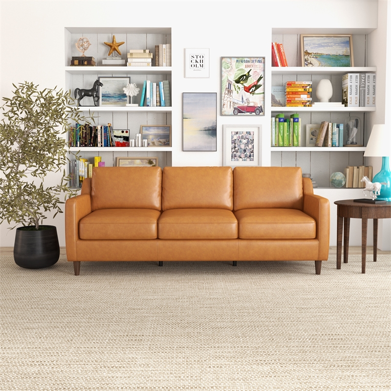 Allora Genuine Italian Leather Upholstered Sofa in Cognac/Tan