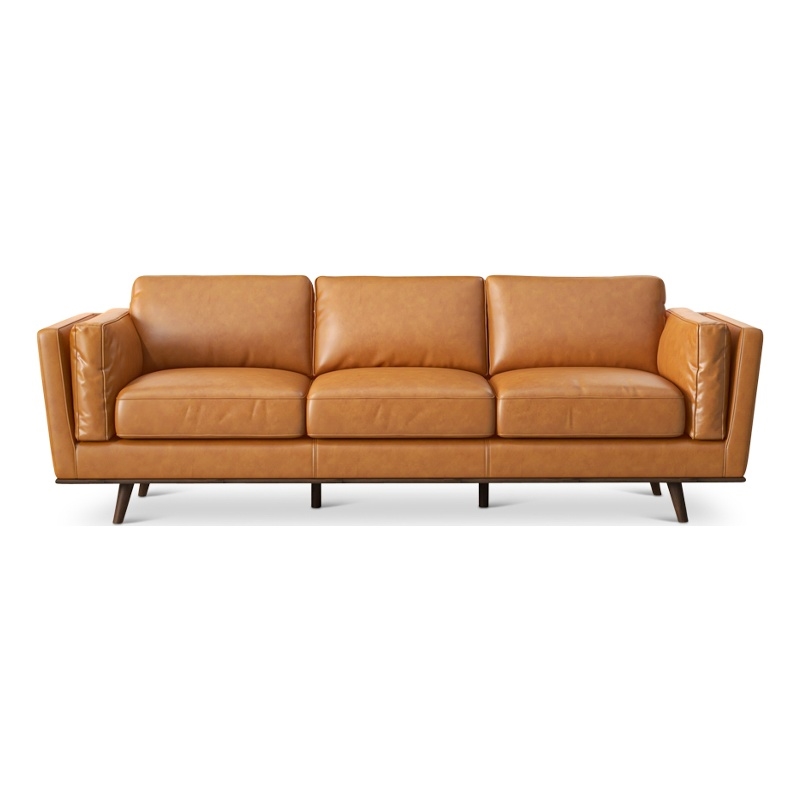 Allora Mid-Century Genuine Leather Upholstered Cushion Back Sofa in Tan