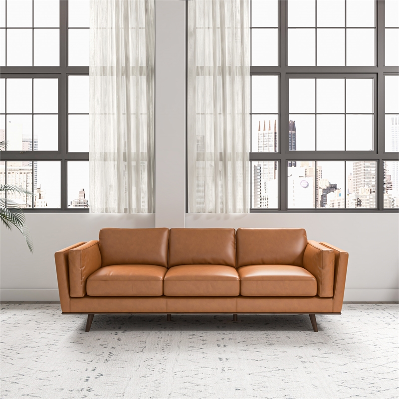 Allora Mid-Century Genuine Leather Upholstered Cushion Back Sofa in Tan