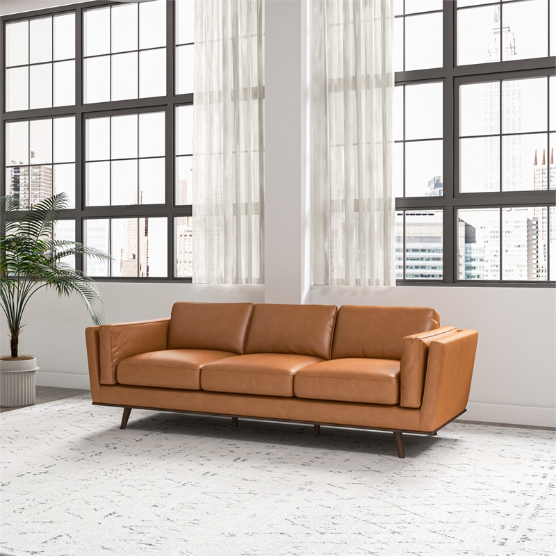 Allora Mid-Century Genuine Leather Upholstered Cushion Back Sofa in Tan