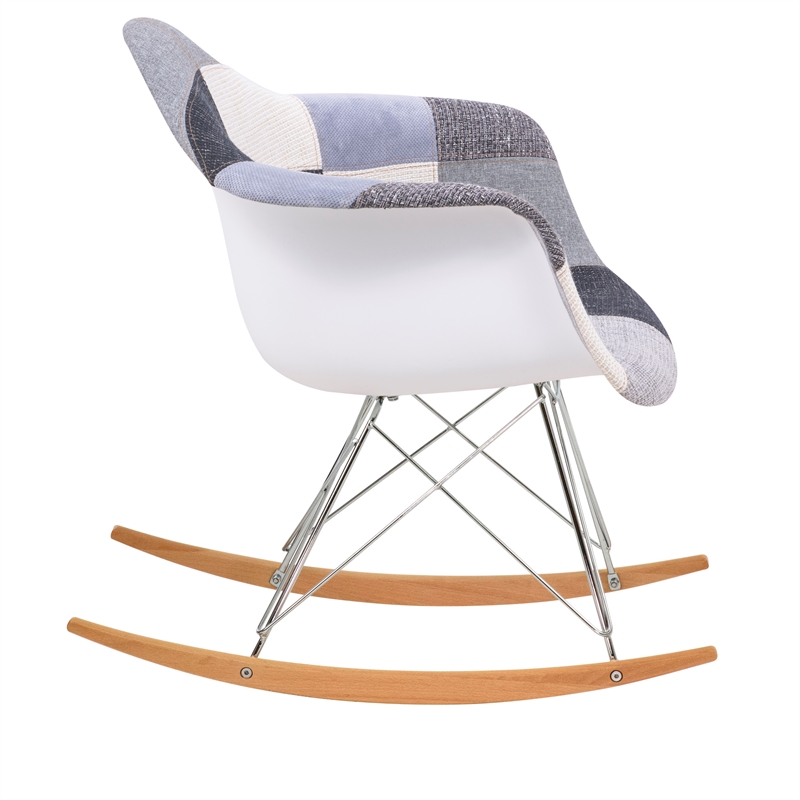 Allora Mid-Century Patchwork Twill Eiffel Base Rocking Chair in Gray and Beige