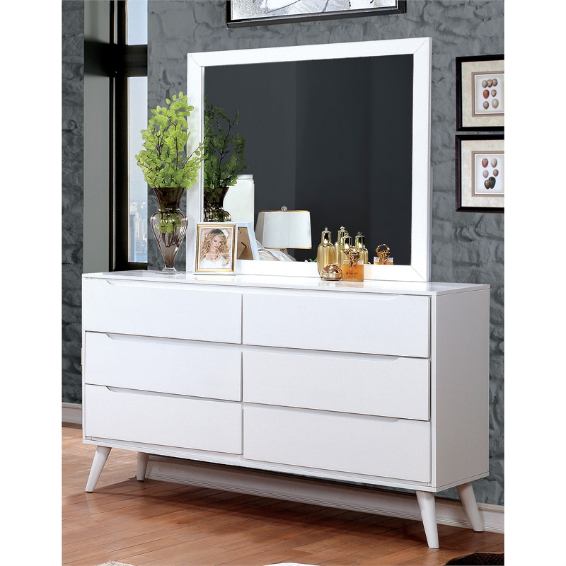 Allora 4pc Wood Bedroom Set - King+Nightstand+Dresser+Mirror in White