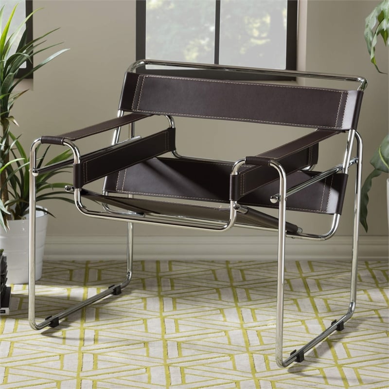 Allora Mid-Century Leather/Steel Metal Accent Chair in Brown