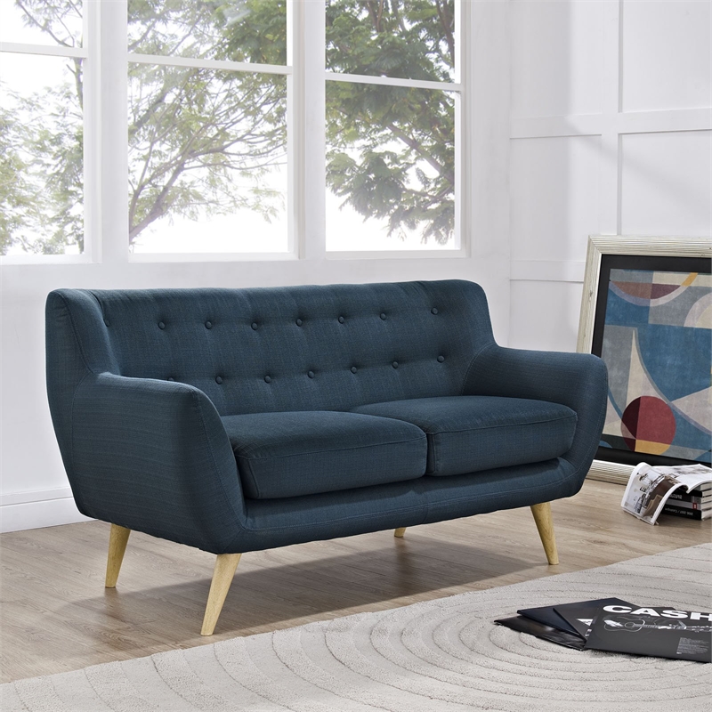 Allora Mid Century Modern Fabric Loveseat in Azure