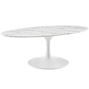 Allora Faux Marble White Coffee Table Oval Scratch Resistant 48&quot x 27.5&quot x 15.5&quot