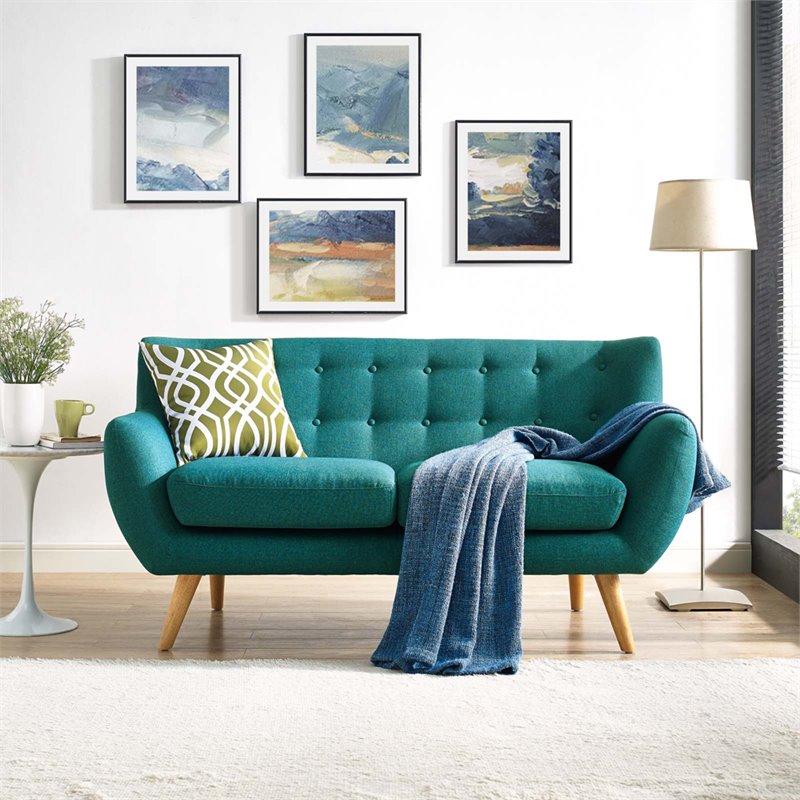 Allora Modern Polyester Fabric Upholstered Loveseat in Teal Blue/Natural