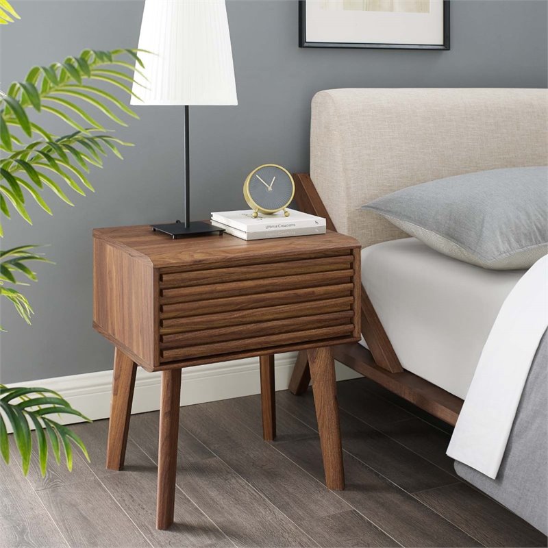 Modway Particleboard Walnut Nightstand Rectangular Smooth Wood Grain Laminate 21.5
