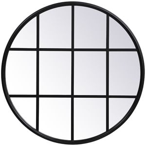 Allora 28&quot Round Mid Century Metal Windowpane Frame Clear Mirror in Black