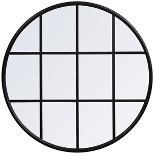 Allora 32&quot Round Mid Century Metal Windowpane Frame Clear Mirror in Black