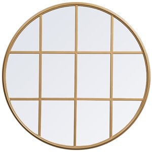 Allora 32&quot Round Mid Century Metal Windowpane Frame Clear Mirror in Brass