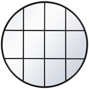 Allora 42&quot Round Mid Century Metal Windowpane Frame Clear Mirror in Black