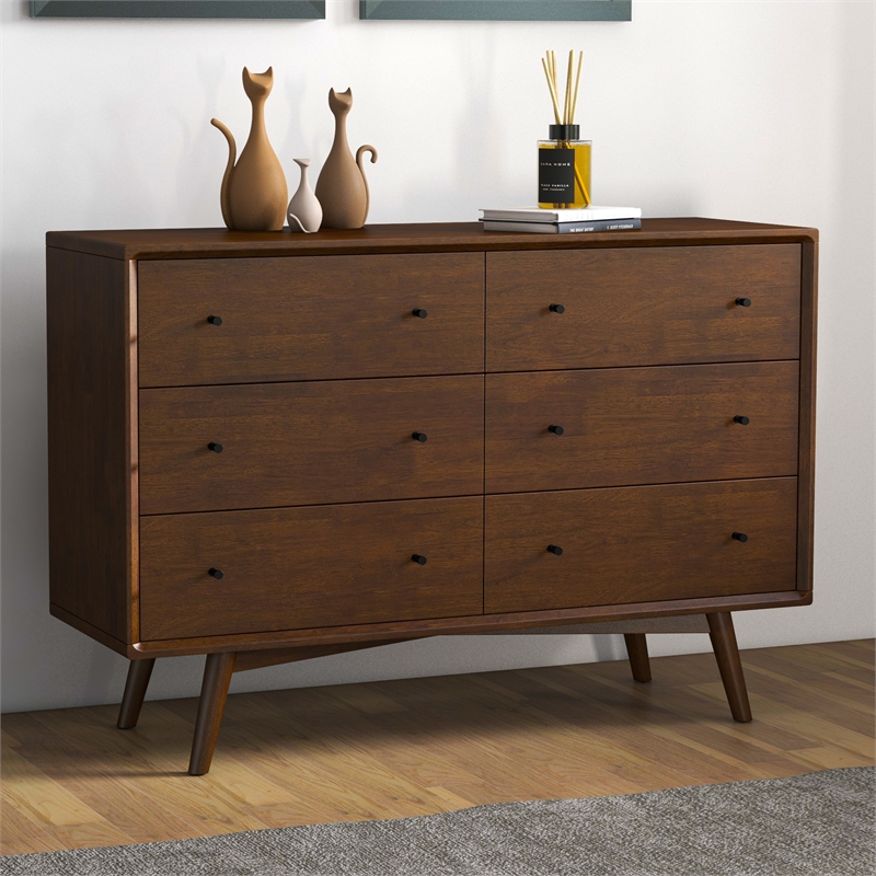 Allora Mid-Century Modern 6-Drawer Dresser Solid Wood in Brown