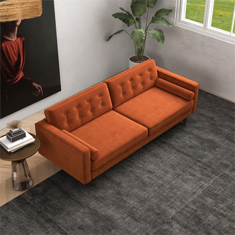 Allora Mid-Century Modern Tufted Back Velvet Sofa in Orange