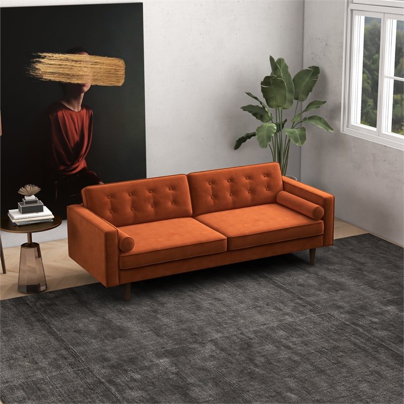 Allora Mid-Century Modern Tufted Back Velvet Sofa in Orange