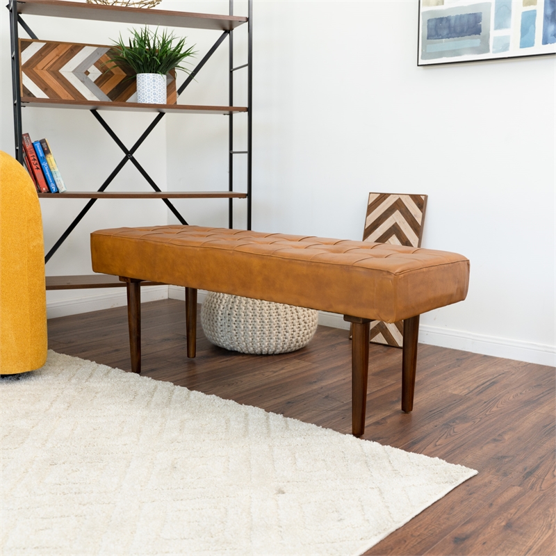 Allora Mid Century Modern Genuine Leather Bench in Tan