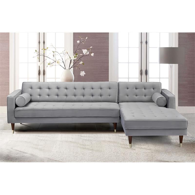 Allora Modern Wood and Velvet Upholstered Tufted Right Sectional Sofa in Gray