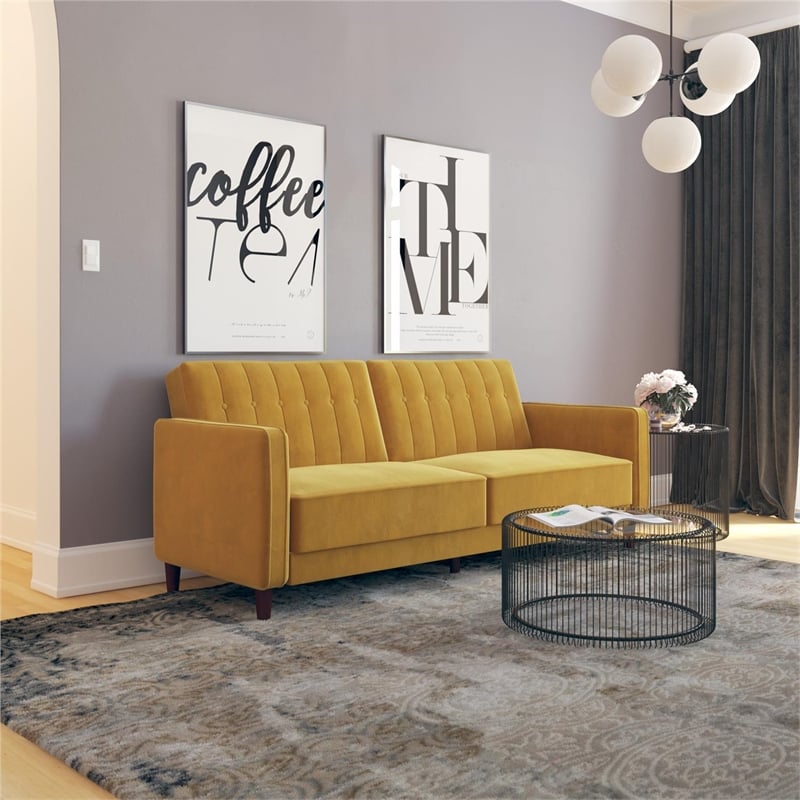 Allora Tufted Transitional Velvet Futon in Mustard Yellow