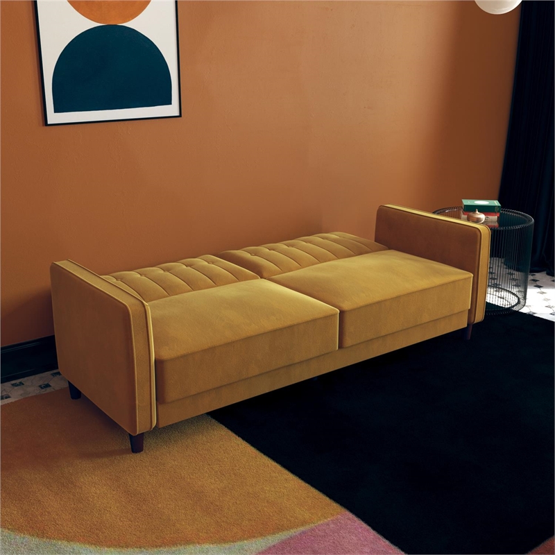 Allora Tufted Transitional Velvet Futon in Mustard Yellow