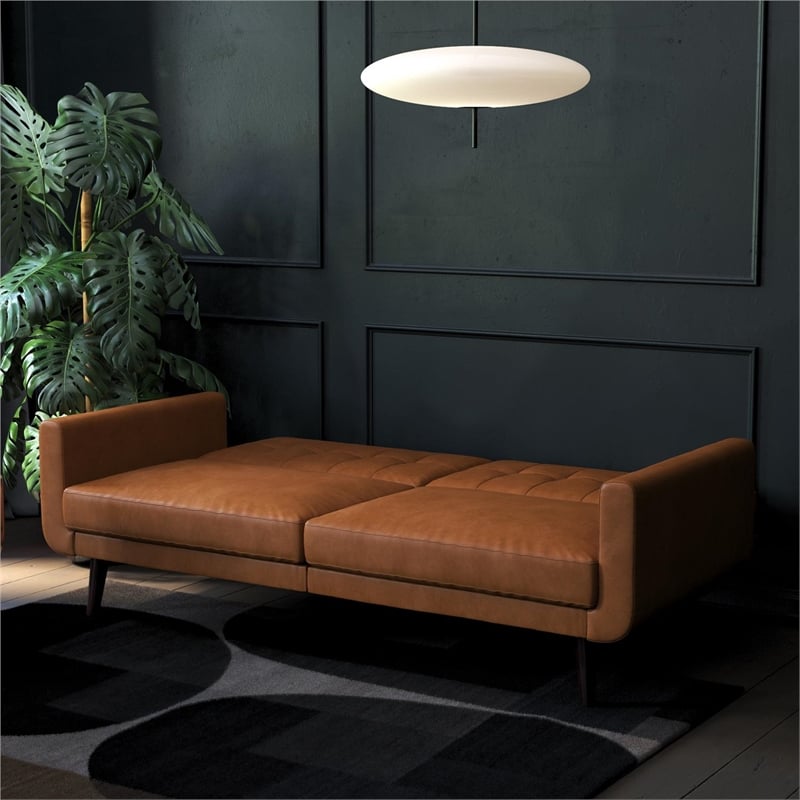 Allora Faux Leather Camel Tan Futon Sofa Bed Rectangular Convertible 78.5