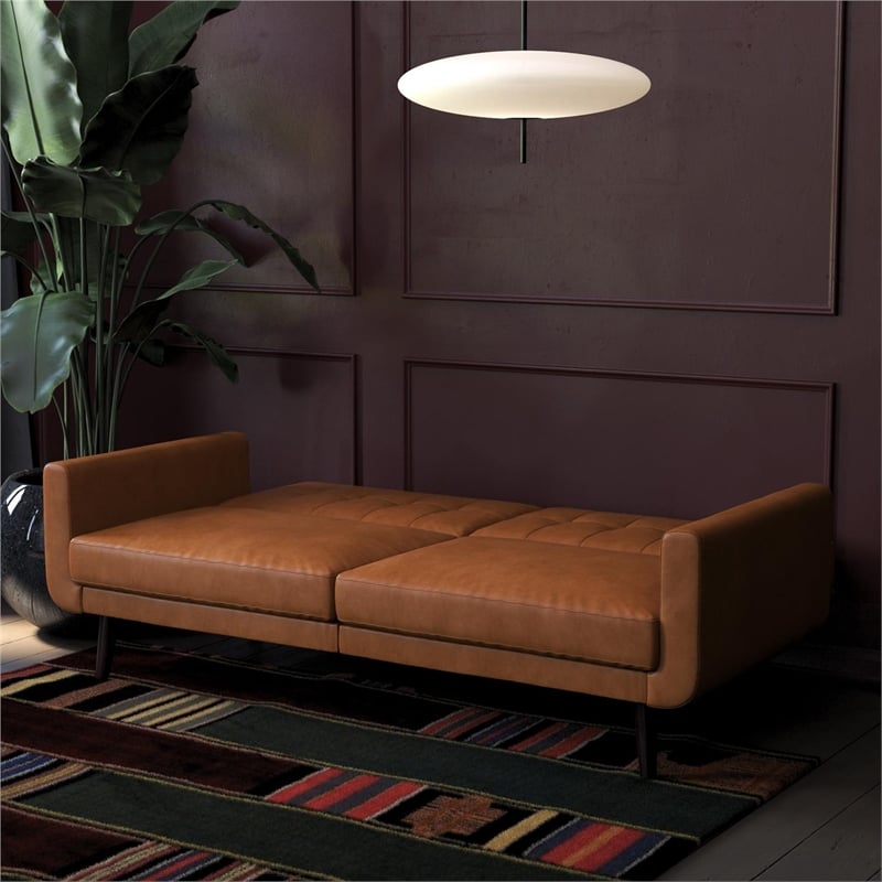 Allora Faux Leather Camel Tan Futon Sofa Bed Rectangular Convertible 78.5
