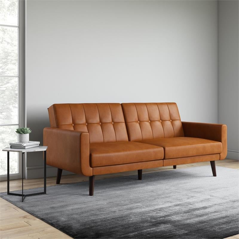 Allora Faux Leather Camel Tan Futon Sofa Bed Rectangular Convertible 78.5