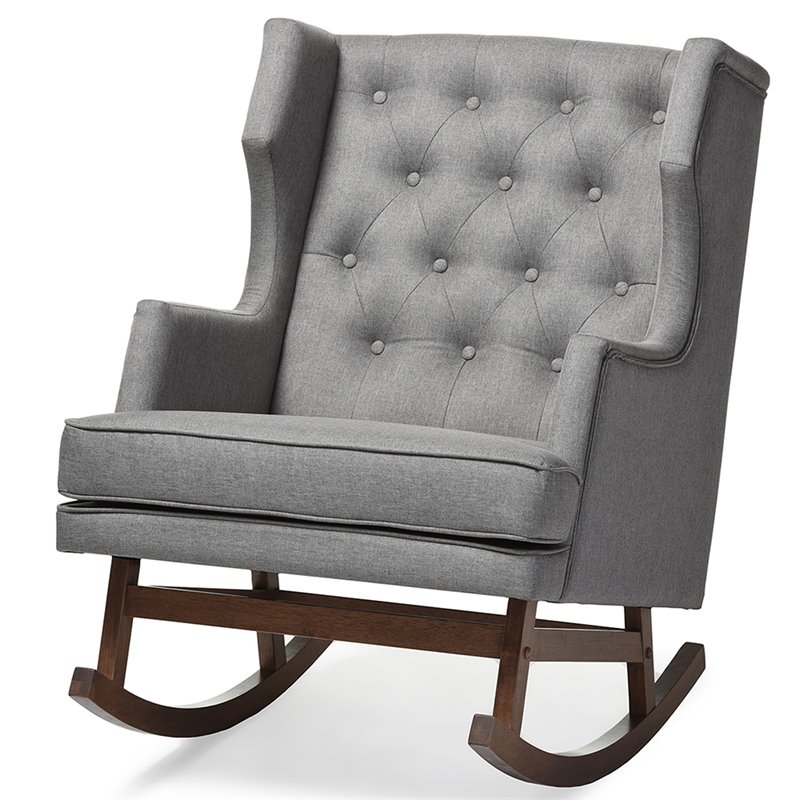 Allora Tufted Wingback Rocker in Gray and Dark Walnut