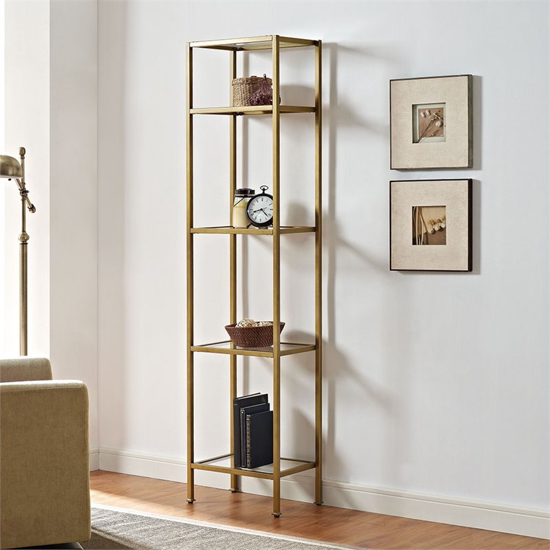 Allora 4 Shelf Narrow Glass Etagere in Antique Gold