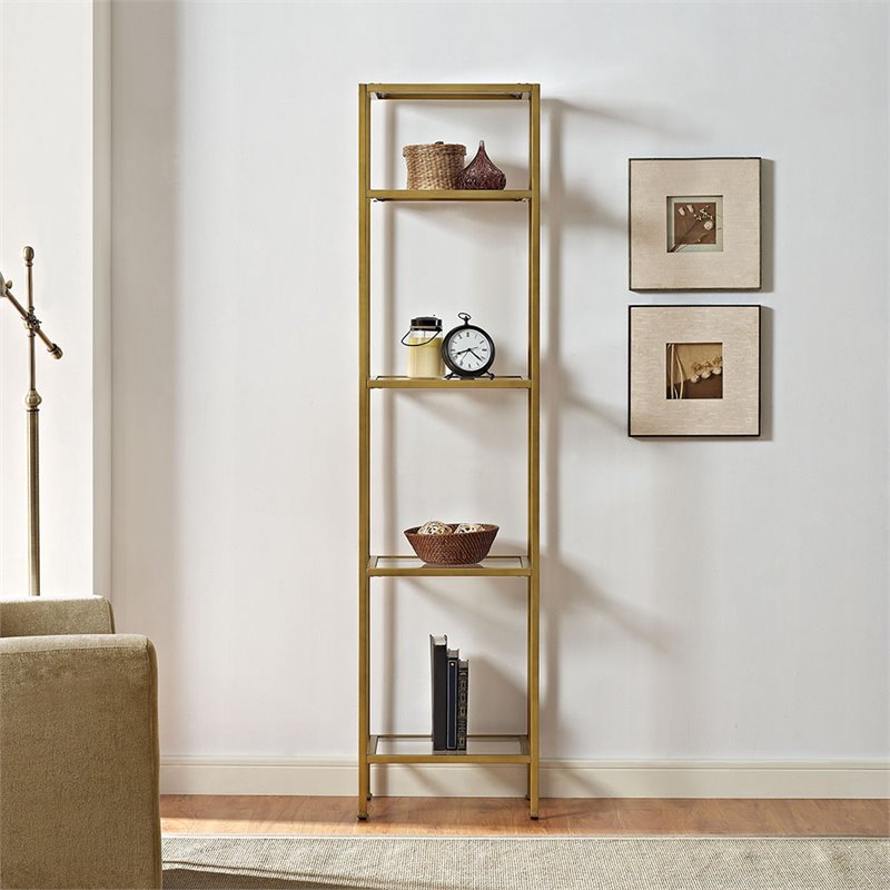 Allora 4 Shelf Narrow Glass Etagere in Antique Gold