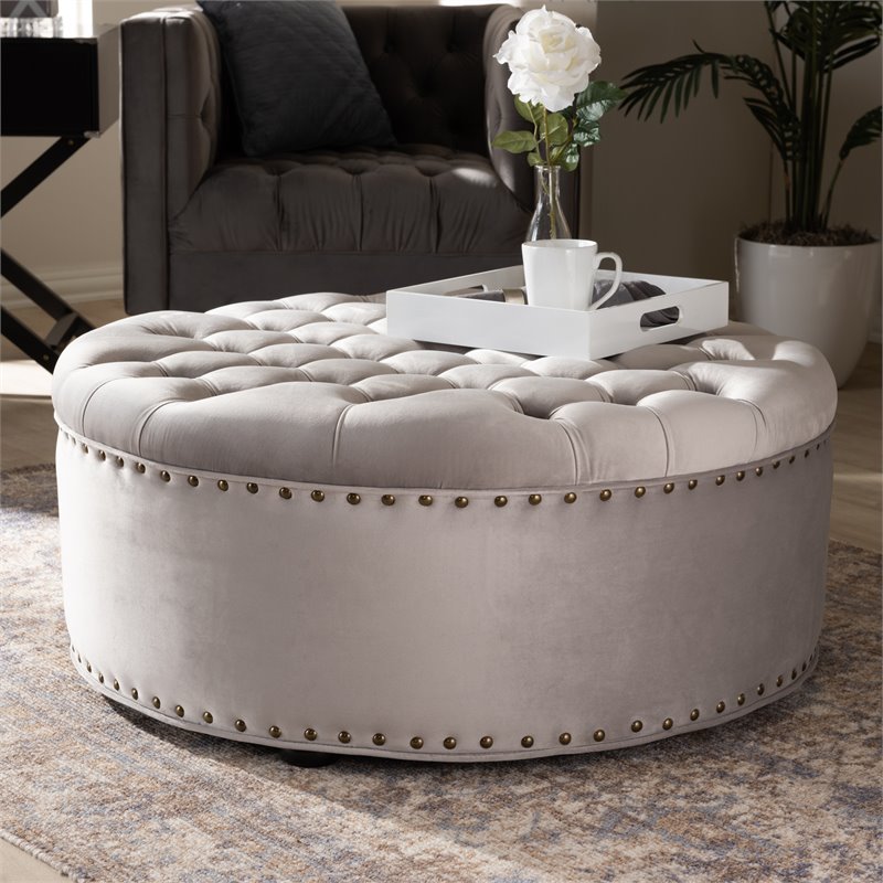 Allora Tufted Velvet Coffee Table Ottoman in Light Gray