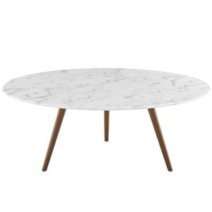 Allora 40&quot Artificial Marble Coffee Table with Tripod Base in Walnut/White