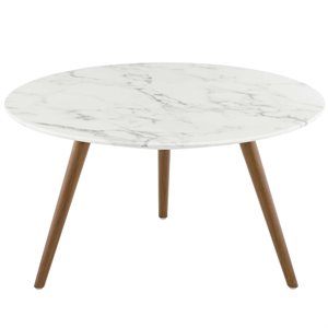 Allora 28&quot Round Top Modern Marble Coffee Table in White/Walnut