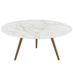 Allora 36&quot Round Top Modern Marble Coffee Table in White/Walnut