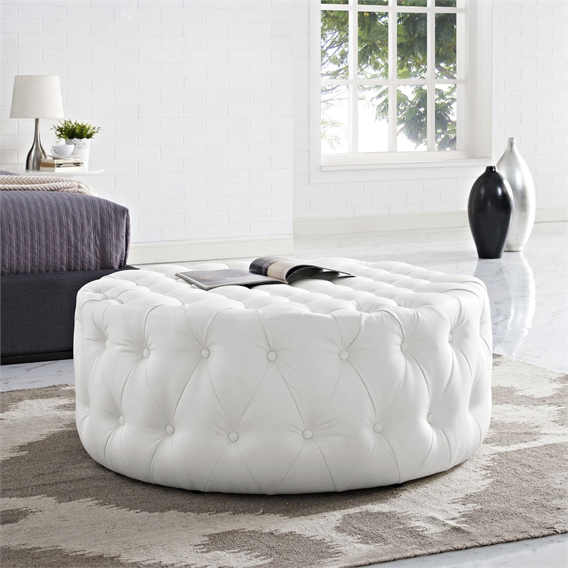 Modway Faux Leather White Ottoman Round Tufted 40