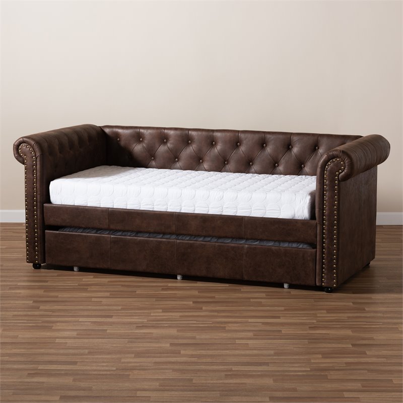 Allora Mid-Century Faux Leather Twin Daybed with Trundle in Brown