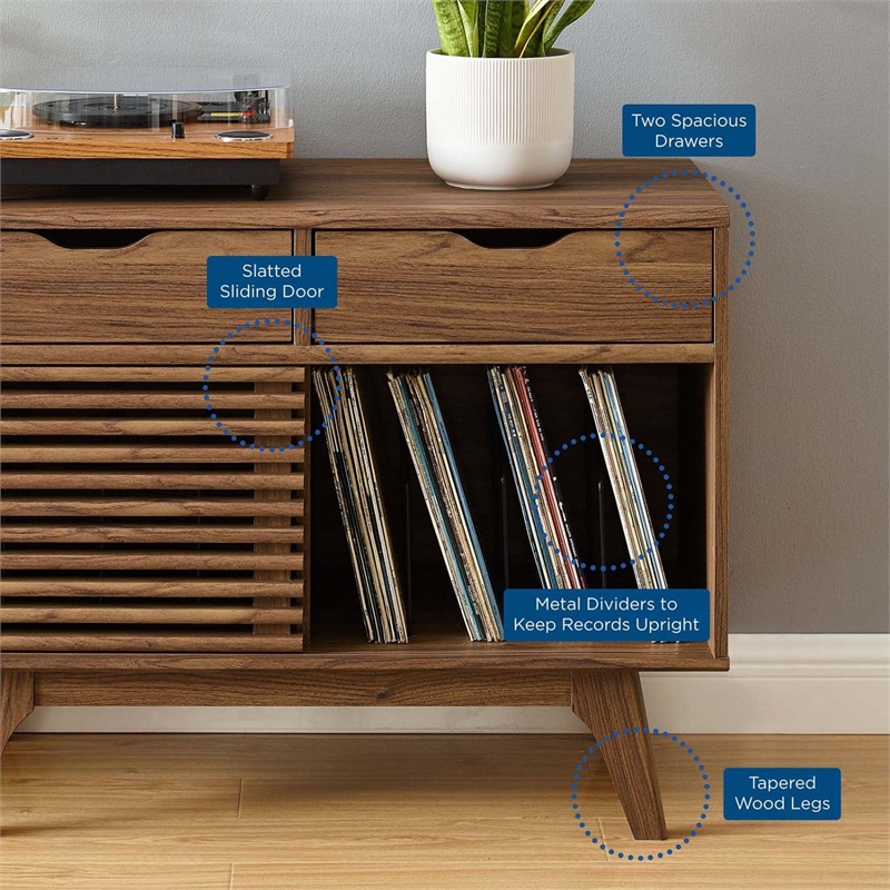 Allora Wood Walnut Record Display Stand Rectangular Sliding Slatted Door 27.5
