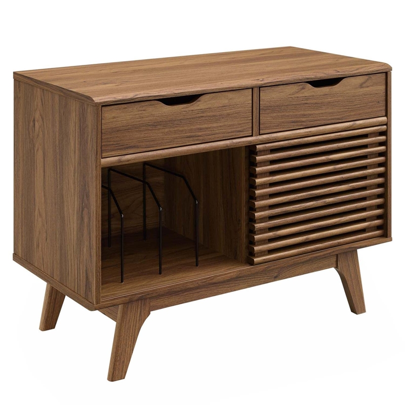 Allora Wood Walnut Record Display Stand Rectangular Sliding Slatted Door 27.5