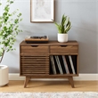 Allora Wood Walnut Record Display Stand Rectangular Sliding Slatted Door 27.5
