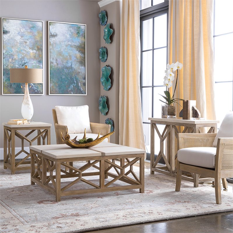 Allora Mid-Century Stone Top Accent Console Table in Ivory and Oatmeal