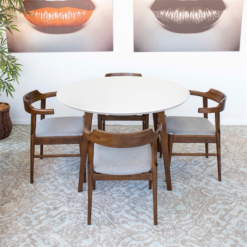 Allora 5-Piece Mid-Century round Dining Set w/ 4 Fabric dining chairs in Gray