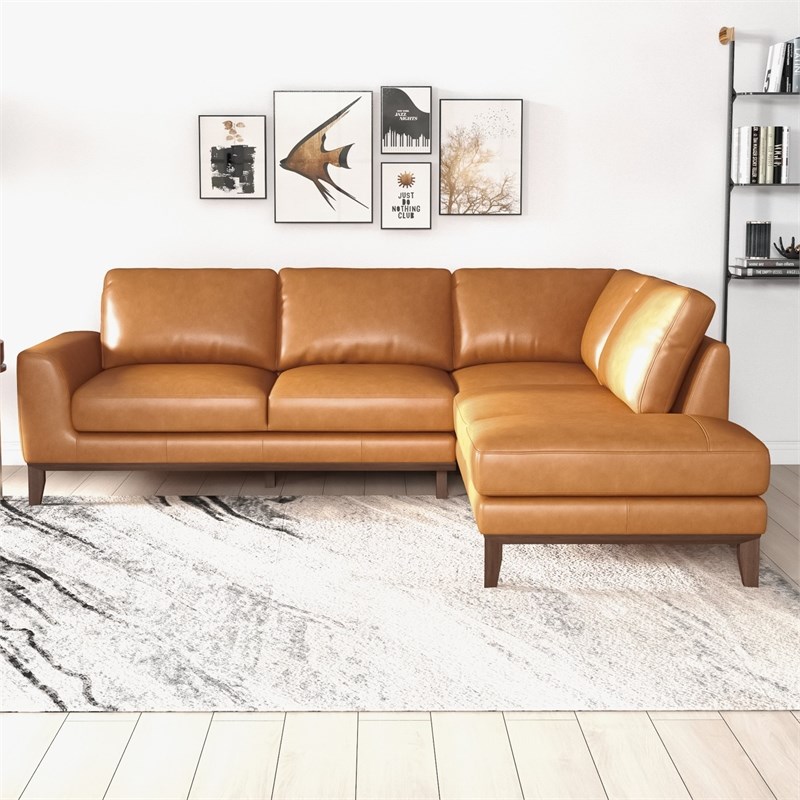 Allora Mid-Century L-Shaped Tight Back Leather Right-Facing Sectional in Tan