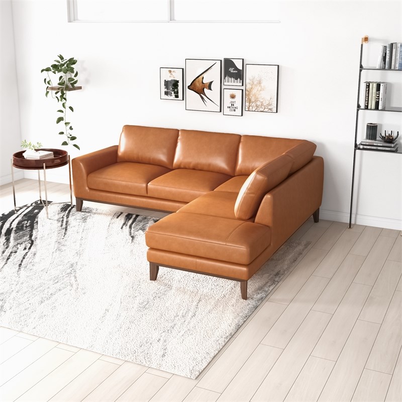 Allora Mid-Century L-Shaped Tight Back Leather Right-Facing Sectional in Tan